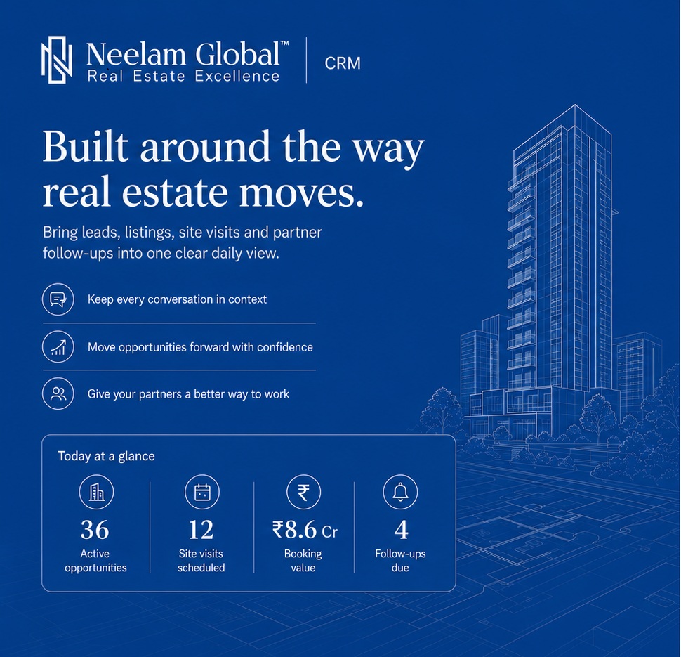 Neelam Global CRM — Experience Royalty in Realty. Built around the way real estate moves: keep every conversation in context, move opportunities forward with confidence, give your partners a better way to work.